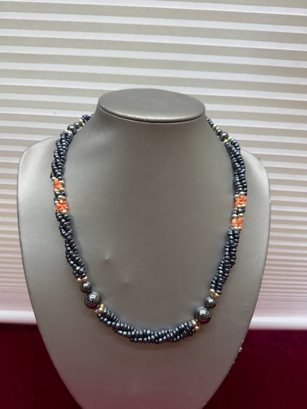 Vintage Hematite and Coral Multistrand Necklace